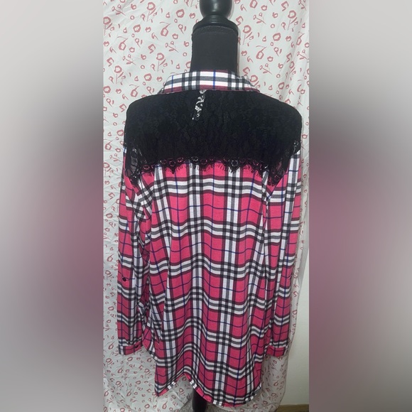 Plus size: Pink and Black Plaid with Lace Button Up Top - Picture 2 of 3